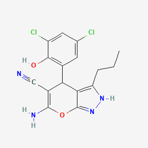 molecular formula C16H14Cl2N4O2 B1678848 6-氨基-4-(3,5-二氯-2-羟苯基)-3-丙基-2,4-二氢吡喃并[2,3-c]吡唑-5-甲腈 CAS No. 381186-64-7