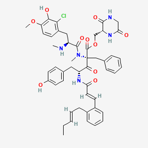 B1679557 [(2R)-3,6-dioxopiperazin-2-yl]methyl (2R,4R)-2-benzyl-2-[[(2S)-3-(2-chloro-3-hydroxy-4-methoxyphenyl)-2-(methylamino)propanoyl]-methylamino]-5-(4-hydroxyphenyl)-3-oxo-4-[[(E)-3-[2-[(E)-pent-2-enyl]phenyl]prop-2-enoyl]amino]pentanoate CAS No. 147317-36-0