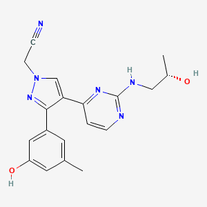 B1679678 1H-Pyrazole-1-acetonitrile, 3-(3-hydroxy-5-methylphenyl)-4-(2-(((2S)-2-hydroxypropyl)amino)-4-pyrimidinyl)- CAS No. 950525-20-9