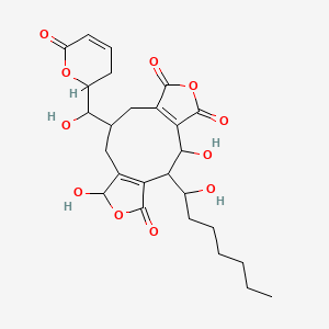 molecular formula C26H32O11 B1680252 3,13-Dihydroxy-2-(1-hydroxyheptyl)-10-[hydroxy-(6-oxo-2,3-dihydropyran-2-yl)methyl]-6,14-dioxatricyclo[10.3.0.04,8]pentadeca-1(12),4(8)-diene-5,7,15-trione CAS No. 22467-31-8