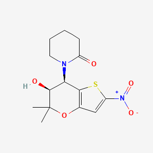 molecular formula C14H18N2O5S B1680336 2-Piperidinone, 1-(6,7-dihydro-6-hydroxy-5,5-dimethyl-2-nitro-5H-thieno(3,2-b)pyran-7-yl)-, cis-(+-)- CAS No. 144319-31-3