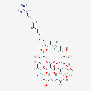 B1681567 3-oxo-3-[[(10E,12Z,20E)-5,7,9,19,23,25,27,31,33,34,35-undecahydroxy-8,14,18,22,26,30-hexamethyl-15-[(E)-4-methyl-12-[(N'-methylcarbamimidoyl)amino]dodec-8-en-2-yl]-17-oxo-16,37-dioxabicyclo[31.3.1]heptatriaconta-10,12,20-trien-3-yl]oxy]propanoic acid CAS No. 11056-18-1