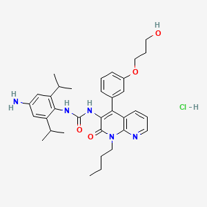 B1681836 Urea, N-(4-amino-2,6-bis(1-methylethyl)phenyl)-N'-(1-butyl-1,2-dihydro-4-(3-(3-hydroxypropoxy)phenyl)-2-oxo-1,8-naphthyridin-3-yl)-, monohydrochloride, monohydrate CAS No. 259224-95-8