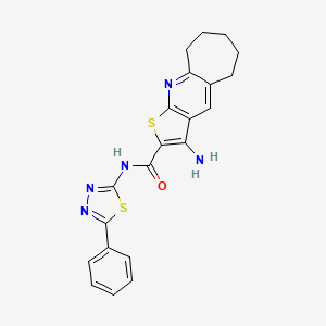 molecular formula C21H19N5OS2 B1682631 3-amino-N-(5-phenyl-1,3,4-thiadiazol-2-yl)-6,7,8,9-tetrahydro-5H-cyclohepta[b]thieno[3,2-e]pyridine-2-carboxamide CAS No. 400863-77-6