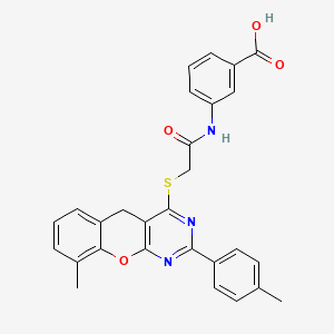 molecular formula C28H23N3O4S B1682685 3-[({[9-methyl-2-(4-methylphenyl)-5H-chromeno[2,3-d]pyrimidin-4-yl]thio}acetyl)amino]benzoic acid CAS No. 866842-71-9