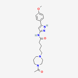 molecular formula C22H31N5O3 B1683282 1H-1,4-Diazepine-1-pentanamide, 4-acetylhexahydro-N-(5-(4-methoxyphenyl)-1H-pyrazol-3-yl)- CAS No. 1040718-40-8