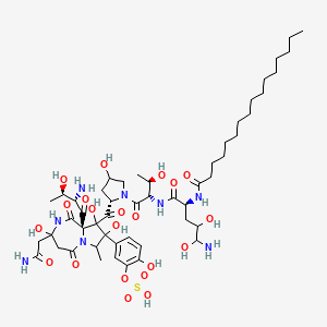 molecular formula C51H82N8O21S B1683300 Proline, 4,5-dihydroxy-N(sup 2)-(1-oxohexadecyl)ornithylthreonyl-4-hydroxyprolyl-4-hydroxy-4-(4-hydroxy-3-(sulfooxy)phenyl)threonyl-3-hydroxyglutaminyl-3-hydroxy-4-methyl-, cyclic (6-1)-peptide CAS No. 160335-87-5