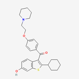 molecular formula C28H33NO3S B1683344 Methanone, (2-cyclohexyl-6-hydroxybenzo(b)thien-3-yl)(4-(2-(1-piperidinyl)ethoxy)phenyl)- CAS No. 150797-71-0