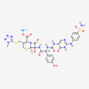 molecular formula C30H29N12NaO10S3 B1683367 sodium;(6R,7S)-7-[[2-(4-hydroxyphenyl)-2-[[6-oxo-2-(4-sulfamoylanilino)-1H-pyrimidin-5-yl]carbamoylamino]acetyl]amino]-7-methoxy-3-[(1-methyltetrazol-5-yl)sulfanylmethyl]-8-oxo-5-thia-1-azabicyclo[4.2.0]oct-2-ene-2-carboxylate CAS No. 77993-85-2
