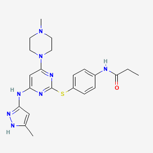 B1683478 N-(4-(4-(5-methyl-1H-pyrazol-3-ylamino)-6-(4-methylpiperazin-1-yl)pyrimidin-2-ylthio)phenyl)propionamide CAS No. 639089-73-9