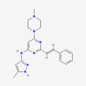 molecular formula C21H25N7 B1683880 (E)-N-(5-Methyl-1H-pyrazol-3-yl)-6-(4-methylpiperazin-1-yl)-2-styrylpyrimidin-4-amine CAS No. 934353-76-1