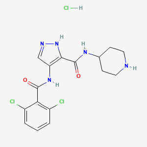 B1683947 4-(2,6-dichlorobenzamido)-N-(piperidin-4-yl)-1H-pyrazole-3-carboxamide hydrochloride CAS No. 902135-91-5