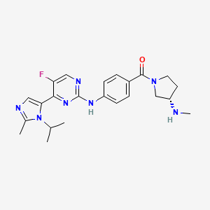 molecular formula C23H28FN7O B1683948 (S)-(4-((5-Fluoro-4-(1-isopropyl-2-methyl-1H-imidazol-5-yl)pyrimidin-2-yl)amino)phenyl)(3-(methylamino)pyrrolidin-1-yl)methanone CAS No. 924641-59-8