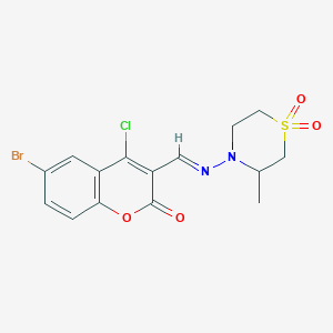 B1683951 6-Bromo-4-chloro-3-[(E)-(3-methyl-1,1-dioxo-1,4-thiazinan-4-yl)iminomethyl]chromen-2-one CAS No. 1041469-97-9