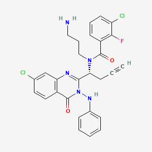 molecular formula C28H24Cl2FN5O2 B1684027 (R)-N-(3-Aminopropyl)-3-chloro-N-(1-(7-chloro-4-oxo-3-(phenylamino)-3,4-dihydroquinazolin-2-YL)but-3-YN-1-YL)-2-fluorobenzamide CAS No. 1095253-39-6