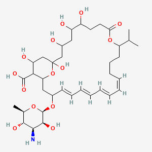 B1684279 10,29-Dioxabicyclo(23.3.1)nonacosa-15,17,19,21-tetraene-26-carboxylic acid, 23-((3-amino-3,6-dideoxy-beta-D-mannopyranosyl)oxy)-1,3,5,6,27-pentahydroxy-11-(1-methylethyl)-9-oxo- CAS No. 130767-46-3