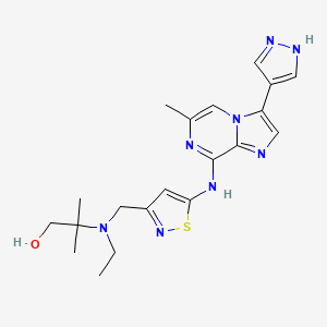 molecular formula C20H26N8OS B1684296 2-(乙基((5-((6-甲基-3-(1H-吡唑-4-基)咪唑并[1,2-a]哒嗪-8-基)氨基)异噻唑-3-基)甲基)氨基)-2-甲基丙烷-1-醇 CAS No. 1094069-99-4