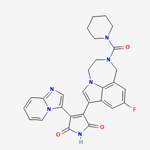 molecular formula C28H25FN6O3 B1684592 3-(9-Fluoro-2-(piperidine-1-carbonyl)-1,2,3,4-tetrahydro-[1,4]diazepino[6,7,1-hi]indol-7-yl)-4-(imidazo[1,2-a]pyridin-3-yl)-1H-pyrrole-2,5-dione CAS No. 603288-22-8