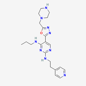 molecular formula C21H29N9O B1684602 2,4-Pyrimidinediamine, 5-(5-(1-piperazinylmethyl)-1,3,4-oxadiazol-2-yl)-N4-propyl-N2-(2-(4-pyridinyl)ethyl)- CAS No. 866883-79-6