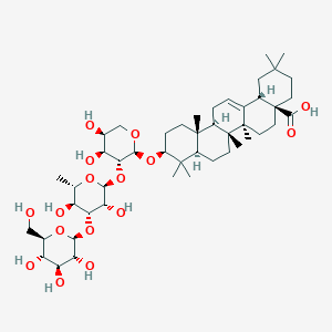 molecular formula C47H76O16 B173098 (4aS,6aR,6aS,6bR,8aR,10S,12aR,14bS)-10-[(2S,3R,4S,5S)-3-[(2S,3R,4R,5S,6S)-3,5-dihydroxy-6-methyl-4-[(2S,3R,4S,5S,6R)-3,4,5-trihydroxy-6-(hydroxymethyl)oxan-2-yl]oxyoxan-2-yl]oxy-4,5-dihydroxyoxan-2-yl]oxy-2,2,6a,6b,9,9,12a-heptamethyl-1,3,4,5,6,6a,7,8,8a,10,11,12,13,14b-tetradecahydropicene-4a-carboxylic acid CAS No. 103956-33-8