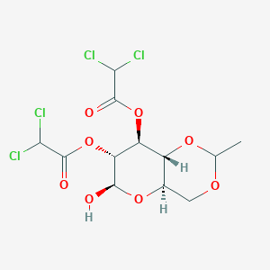 molecular formula C12H14Cl4O8 B174273 [(4Ar,6R,7R,8S,8aR)-7-(2,2-dichloroacetyl)oxy-6-hydroxy-2-methyl-4,4a,6,7,8,8a-hexahydropyrano[3,2-d][1,3]dioxin-8-yl] 2,2-dichloroacetate CAS No. 149403-65-6