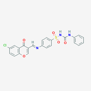 molecular formula C23H16ClN3O5S B174834 1-[4-[(6-Chloro-4-oxochromen-3-yl)methylideneamino]phenyl]sulfonyl-3-phenylurea CAS No. 198649-71-7