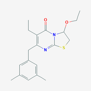 molecular formula C19H24N2O2S B180564 5H-Thiazolo(3,2-a)pyrimidin-5-one, 7-((3,5-dimethylphenyl)methyl)-3-ethoxy-6-ethyl-2,3-dihydro- CAS No. 199852-35-2