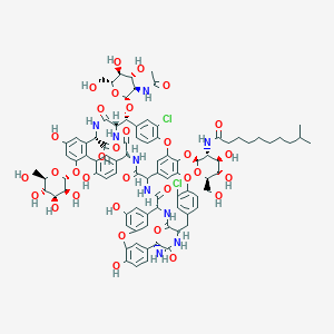 molecular formula C89H99Cl2N9O33 B021238 (1S,2R,19R,22S,34S,37R,40R,52S)-2-[(2R,3R,4R,5S,6R)-3-acetamido-4,5-dihydroxy-6-(hydroxymethyl)oxan-2-yl]oxy-22-amino-5,15-dichloro-64-[(2S,3R,4R,5S,6R)-4,5-dihydroxy-6-(hydroxymethyl)-3-(9-methyldecanoylamino)oxan-2-yl]oxy-26,31,44,49-tetrahydroxy-21,35,38,54,56,59-hexaoxo-47-[(2R,3S,4S,5S,6R)-3,4,5-trihydroxy-6-(hydroxymethyl)oxan-2-yl]oxy-7,13,28-trioxa-20,36,39,53,55,58-hexazaundecacyclo[38.14.2.23,6.214,17.219,34.18,12.123,27.129,33.141,45.010,37.046,51]hexahexaconta-3,5,8,10,12(64),14,16,23(61),24,26,29(60),30,32,41(57),42,44,46(51),47,49,62,65-henicosaene-52-carboxylic acid CAS No. 91032-38-1