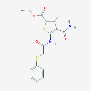 molecular formula C17H18N2O4S2 B213622 Ethyl 4-carbamoyl-3-methyl-5-{[(phenylsulfanyl)acetyl]amino}thiophene-2-carboxylate 
