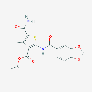 molecular formula C18H18N2O6S B213772 Isopropyl 5-(aminocarbonyl)-2-[(1,3-benzodioxol-5-ylcarbonyl)amino]-4-methylthiophene-3-carboxylate 