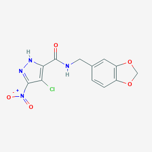 molecular formula C12H9ClN4O5 B213965 N-(1,3-benzodioxol-5-ylmethyl)-4-chloro-3-nitro-1H-pyrazole-5-carboxamide 