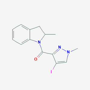 molecular formula C14H14IN3O B213975 1-[(4-iodo-1-methyl-1H-pyrazol-3-yl)carbonyl]-2-methylindoline 