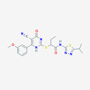 molecular formula C21H22N6O3S2 B213984 2-[[5-cyano-6-(3-methoxyphenyl)-4-oxo-1H-pyrimidin-2-yl]sulfanyl]-N-(5-propan-2-yl-1,3,4-thiadiazol-2-yl)butanamide 