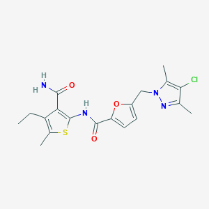 N-(3-carbamoyl-4-ethyl-5-methylthiophen-2-yl)-5-[(4-chloro-3,5-dimethyl-1H-pyrazol-1-yl)methyl]furan-2-carboxamide