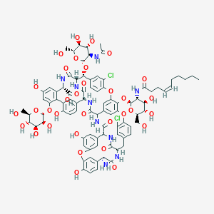 molecular formula C88H95Cl2N9O33 B021407 (1S,2R,19R,22S,34S,37R,40R,52S)-2-[(2R,3R,4R,5S,6R)-3-acetamido-4,5-dihydroxy-6-(hydroxymethyl)oxan-2-yl]oxy-22-amino-5,15-dichloro-64-[(2S,3R,4R,5S,6R)-3-[[(Z)-dec-4-enoyl]amino]-4,5-dihydroxy-6-(hydroxymethyl)oxan-2-yl]oxy-26,31,44,49-tetrahydroxy-21,35,38,54,56,59-hexaoxo-47-[(2R,3S,4S,5S,6R)-3,4,5-trihydroxy-6-(hydroxymethyl)oxan-2-yl]oxy-7,13,28-trioxa-20,36,39,53,55,58-hexazaundecacyclo[38.14.2.23,6.214,17.219,34.18,12.123,27.129,33.141,45.010,37.046,51]hexahexaconta-3,5,8,10,12(64),14,16,23(61),24,26,29(60),30,32,41(57),42,44,46(51),47,49,62,65-henicosaene-52-carboxylic acid CAS No. 91032-34-7