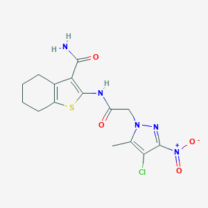 molecular formula C15H16ClN5O4S B214222 2-[({4-chloro-3-nitro-5-methyl-1H-pyrazol-1-yl}acetyl)amino]-4,5,6,7-tetrahydro-1-benzothiophene-3-carboxamide 