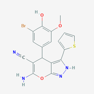 6-Amino-4-(3-bromo-4-hydroxy-5-methoxyphenyl)-3-(2-thienyl)-1,4-dihydropyrano[2,3-c]pyrazole-5-carbonitrile