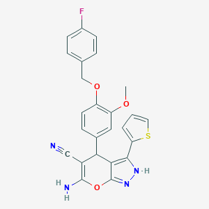 molecular formula C25H19FN4O3S B216017 6-Amino-4-{4-[(4-fluorobenzyl)oxy]-3-methoxyphenyl}-3-(2-thienyl)-1,4-dihydropyrano[2,3-c]pyrazole-5-carbonitrile 