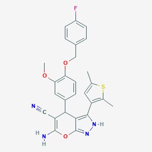 molecular formula C27H23FN4O3S B216023 6-Amino-3-(2,5-dimethyl-3-thienyl)-4-{4-[(4-fluorobenzyl)oxy]-3-methoxyphenyl}-1,4-dihydropyrano[2,3-c]pyrazole-5-carbonitrile 