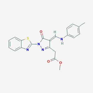 molecular formula C21H18N4O3S B216322 methyl 2-[(4E)-1-(1,3-benzothiazol-2-yl)-4-[(4-methylanilino)methylidene]-5-oxopyrazol-3-yl]acetate 
