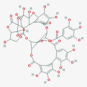 B217726 (3,6a,9',10',11',14',15',16',30',31',35',36'-Dodecahydroxy-2',5,7',19',27',40'-hexaoxospiro[3,3a-dihydro-2H-furo[3,2-b]furan-6,38'-3,6,20,23,26,37,41-heptaoxanonacyclo[34.2.2.18,12.132,35.01,34.04,22.05,25.013,18.028,33]dotetraconta-8,10,12(42),13,15,17,28,30,32-nonaene]-24'-yl) 3,4,5-trihydroxybenzoate CAS No. 102382-31-0