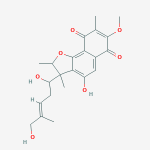 molecular formula C24H20F6PSb B219820 3-(1,5-Dihydroxy-4-methyl-3-pentenyl)-2,3-dihydro-4-hydroxy-7-methoxy-2,3,8-trimethylnaphtho(1,2-b)furan-6,9-dione CAS No. 125108-66-9