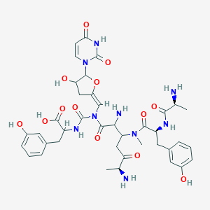 molecular formula C39H49N9O13 B220646 2-[[[(6S)-2,6-diamino-3-[[(2S)-2-[[(2S)-2-aminopropanoyl]amino]-3-(3-hydroxyphenyl)propanoyl]-methylamino]-5-oxoheptanoyl]-[(E)-[5-(2,4-dioxopyrimidin-1-yl)-4-hydroxyoxolan-2-ylidene]methyl]carbamoyl]amino]-3-(3-hydroxyphenyl)propanoic acid CAS No. 121280-49-7