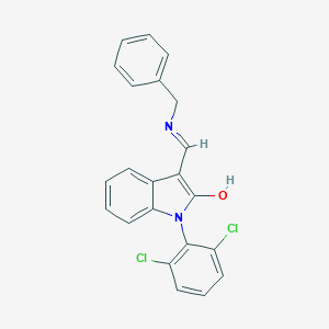 molecular formula C22H16Cl2N2O B221522 (Z)-1,3-Dihydro-1-(2,6-dichlorophenyl)-3-(((phenylmethyl)amino)methylene)-2H-indol-2-one CAS No. 172371-92-5