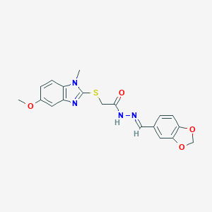 molecular formula C19H18N4O4S B226934 N'-(1,3-benzodioxol-5-ylmethylene)-2-[(5-methoxy-1-methyl-1H-benzimidazol-2-yl)sulfanyl]acetohydrazide 