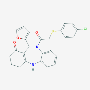 molecular formula C25H21ClN2O3S B227349 10-{[(4-chlorophenyl)sulfanyl]acetyl}-11-(2-furyl)-3,4,10,11-tetrahydro-2H-dibenzo[b,e][1,4]diazepin-1-ol 