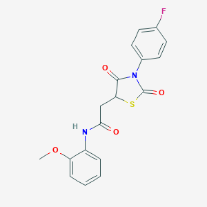 molecular formula C18H15FN2O4S B227421 2-[3-(4-fluorophenyl)-2,4-dioxo-1,3-thiazolidin-5-yl]-N-(2-methoxyphenyl)acetamide 
