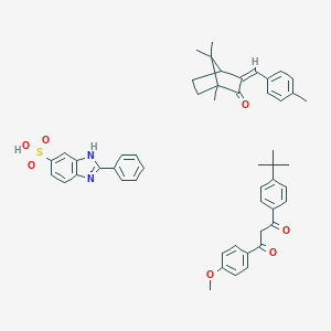 molecular formula C51H54N2O7S B233103 1-(4-Tert-butylphenyl)-3-(4-methoxyphenyl)propane-1,3-dione;2-phenyl-3H-benzimidazole-5-sulfonic acid;(3Z)-1,7,7-trimethyl-3-[(4-methylphenyl)methylidene]bicyclo[2.2.1]heptan-2-one CAS No. 156586-95-7