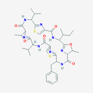 molecular formula C39H50N8O6S2 B233229 11-Benzyl-4-butan-2-yl-7,21-dimethyl-18,25-di(propan-2-yl)-6,20-dioxa-13,27-dithia-3,10,17,24,29,30,31,32-octazapentacyclo[24.2.1.15,8.112,15.119,22]dotriaconta-1(28),5(32),12(31),14,19(30),26(29)-hexaene-2,9,16,23-tetrone CAS No. 140430-46-2