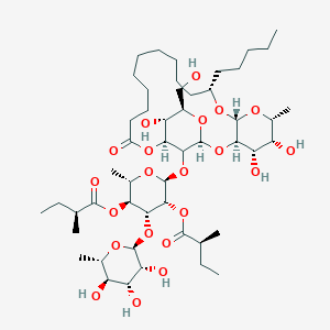 molecular formula C33H34N2O11 B233572 [(2S,3S,4R,5R,6S)-2-Methyl-5-[(2S)-2-methylbutanoyl]oxy-6-[[(1S,3R,4S,5R,6R,8R,10S,22S,23R,24R)-4,5,23-trihydroxy-24-(hydroxymethyl)-6-methyl-20-oxo-10-pentyl-2,7,9,21,25-pentaoxatricyclo[20.3.1.03,8]hexacosan-26-yl]oxy]-4-[(2S,3R,4R,5R,6S)-3,4,5-trihydroxy-6-methyloxan-2-yl]oxyoxan-3-yl] (2S)-2-methylbutanoate CAS No. 149155-65-7
